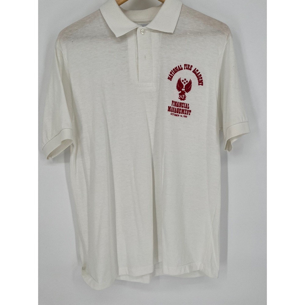 1988 National Fire Academy Short Sleeve Hanes Polo Shirt Men Large White USA